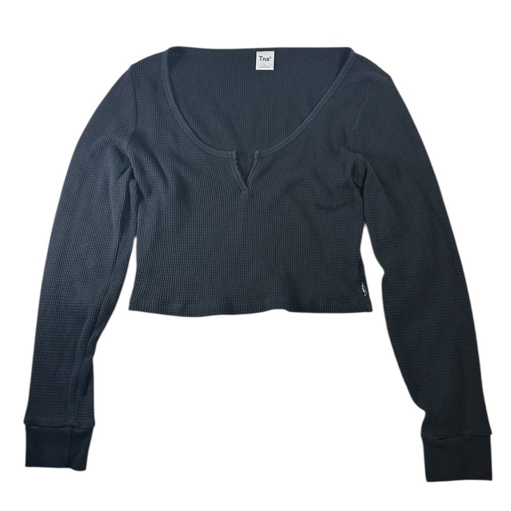TNA Aritzia Cropped Waffle Knit Long Sleeve Black Size Large Clean Girl Basic